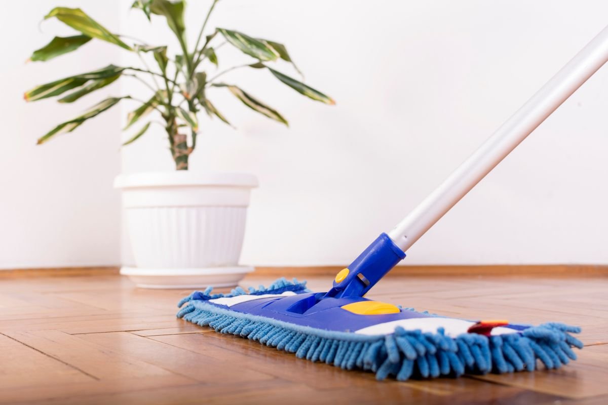 A mop rests on a wooden floor, with a green plant visible in the background, creating a clean and fresh atmosphere
